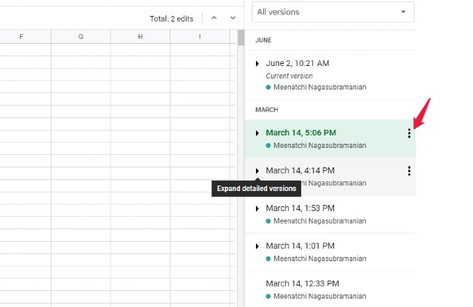 list of versions for google sheet document