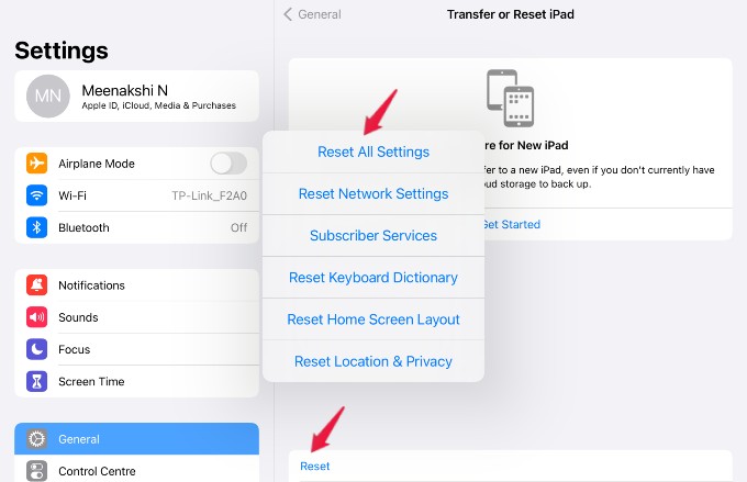 reset all settings ipad