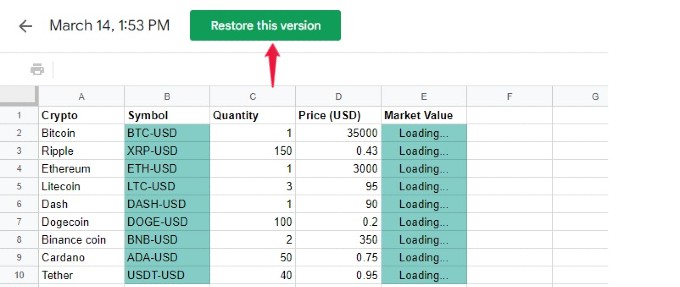 restore earlier version google sheet