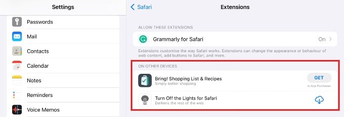 safari extensions used by other devices ipad