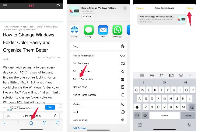 save website link to quick note from safari iPhone