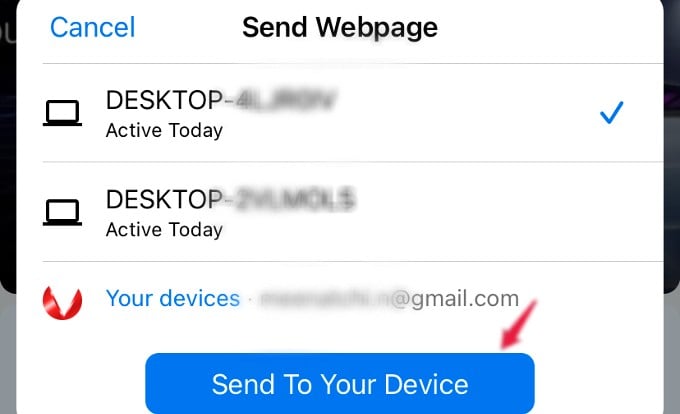 send webpage from iphone to pc chrome