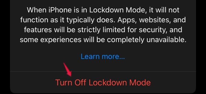turn off lockdown mode option iphone