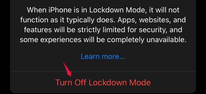 turn off lockdown mode option iphone