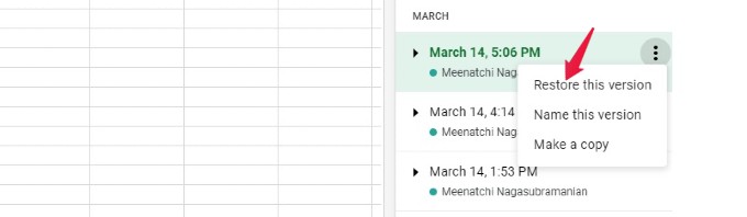 version history menu options google sheets