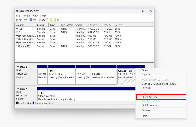 Shrink volume on Windows