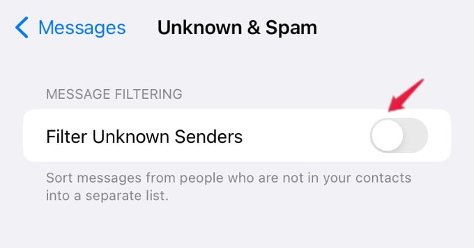 disable filter unknown senders iphone