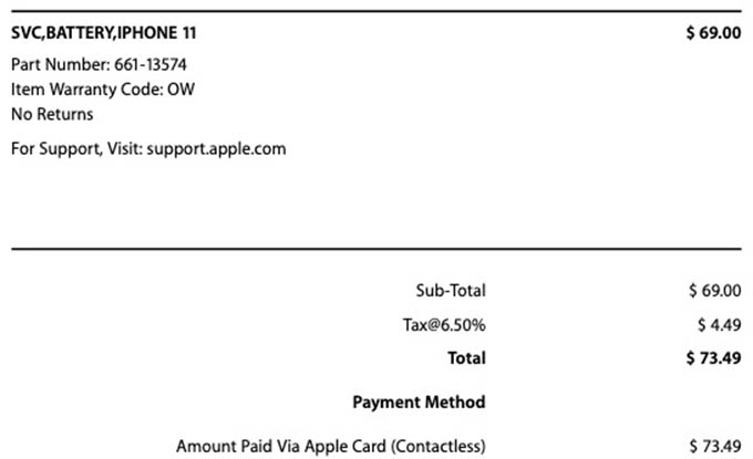 iPhone 11 Battery Replacement Invoice