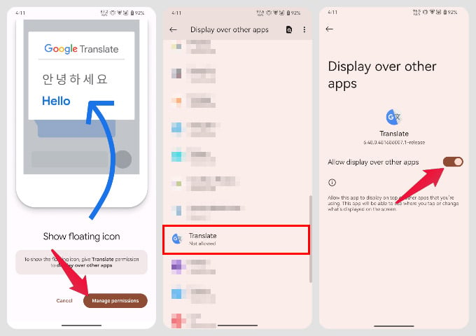 Google Translate Display over other apps permission