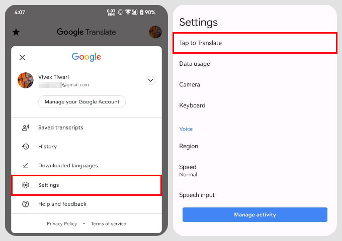 Google Translate settings menu
