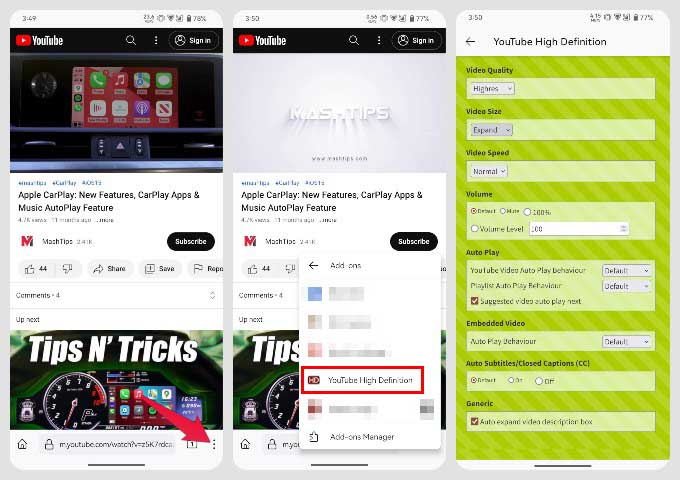 YouTube High Definition Firefox Android addons
