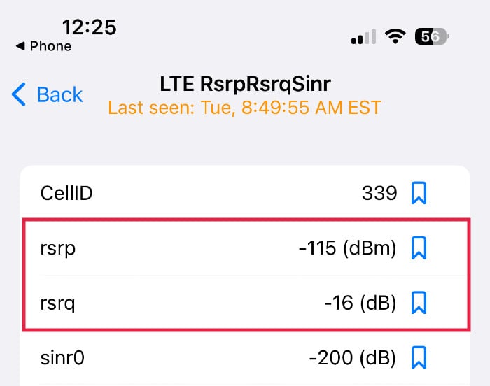 iPhone RSRP and RSRQ Values