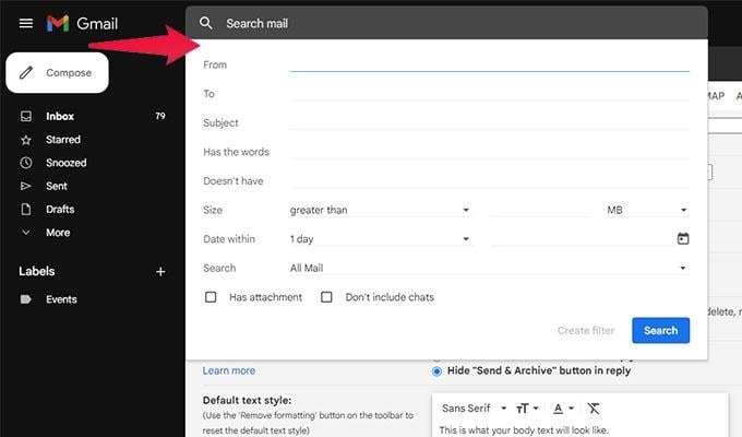 Gmail Search Box Filter