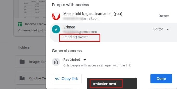 Google Sheet Transfer Ownership Invite Sent