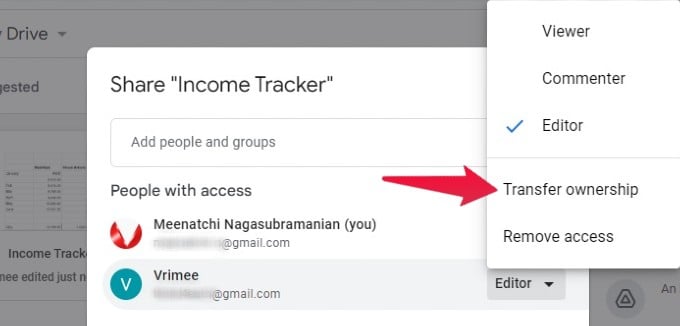 Google Sheet Transfer Ownership Menu