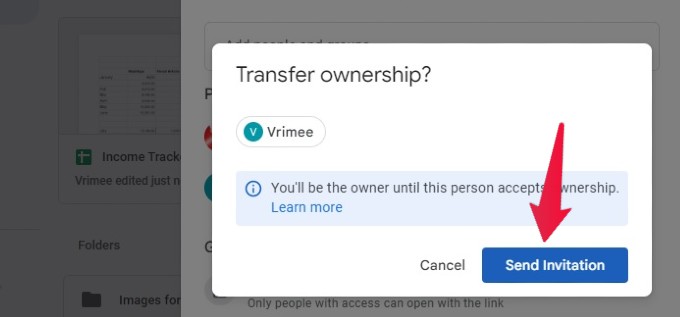 Google Sheet Transfer Ownership Send Invite