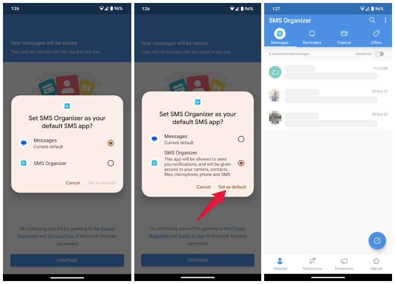 set sms organizer as deafault app