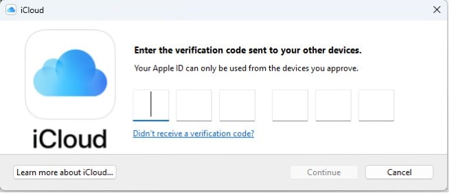 iCloud App Windows Enter Verification Code