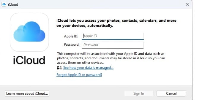 iCloud App Windows Sign Up Screen