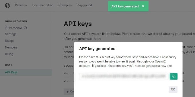 API Key Generated Open AI