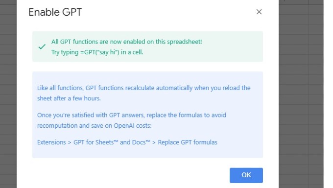 Enable GPT Sucess Message Google Sheets