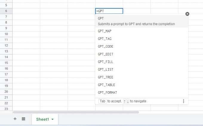 List of GPT Functions Google Sheets