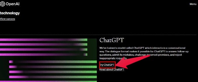 Open AI Website Try ChatGPT Option