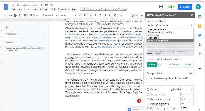 Text Translation and Summary ChatGPT Google Docs