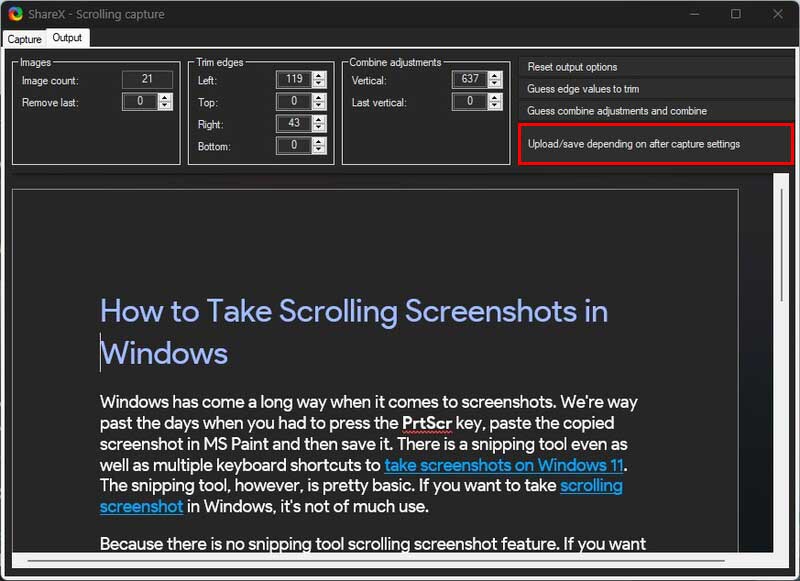 ShareX snipping tool scrolling screenshot