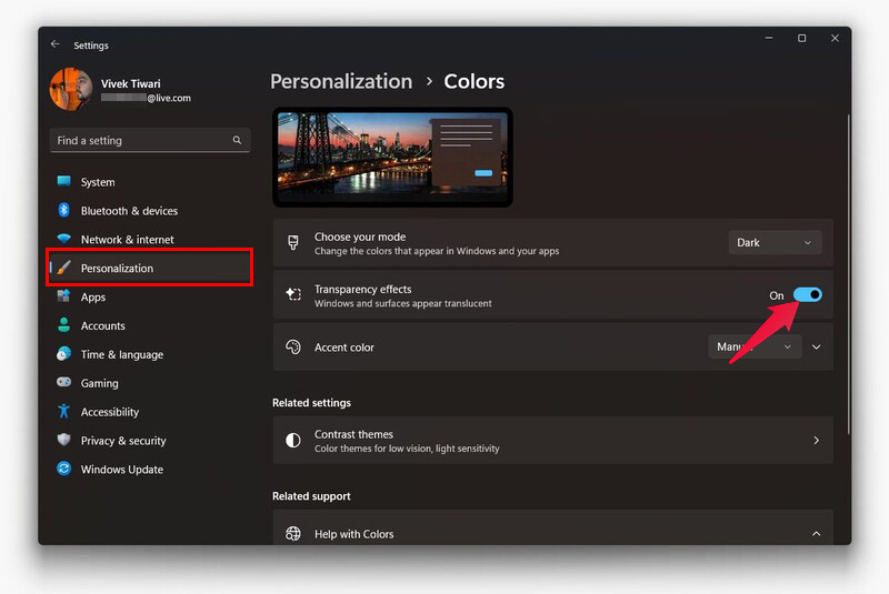 enable transparency effects in Windows 11