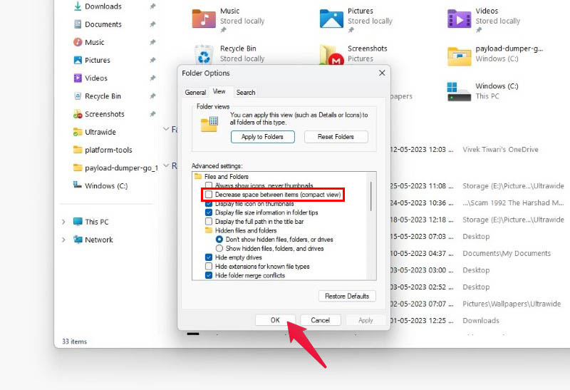 enable compact view on file explorer