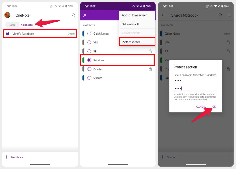 Lock Notes on OneNote on Phone