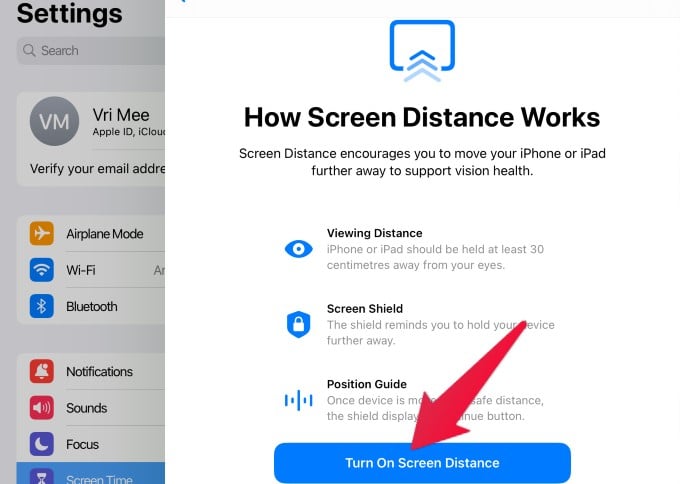 Enable Screen Distance iPad