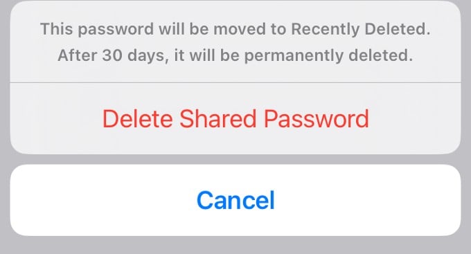 Delete Shared Password Confirmation iPhone