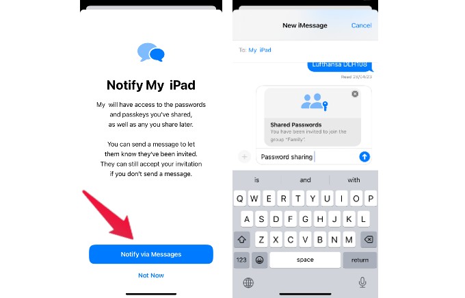 Send Shared Password Invite Message iPhone