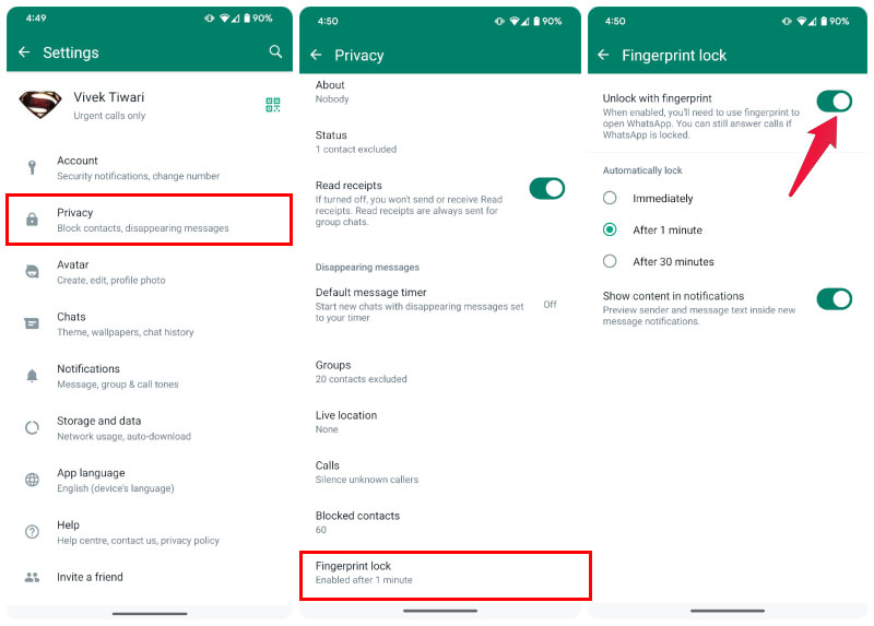 how to enable whatsapp fingerprint lock