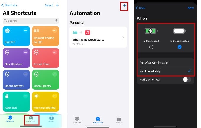 Create Automation Charger Disconnected iPhone