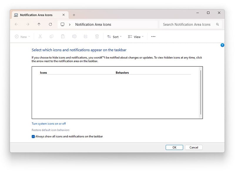 Notification area configuration in Control panel