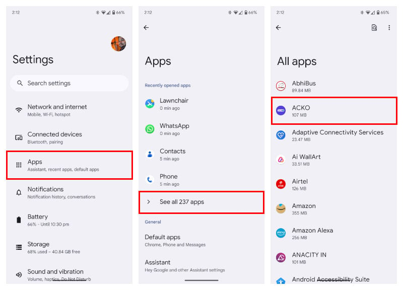 Apps settings page on Android